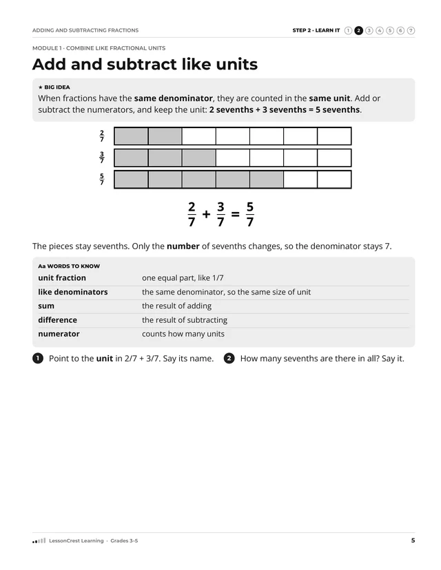 Page 5 of Adding and Subtracting Fractions. Step 2, Learn It: Add and subtract like units