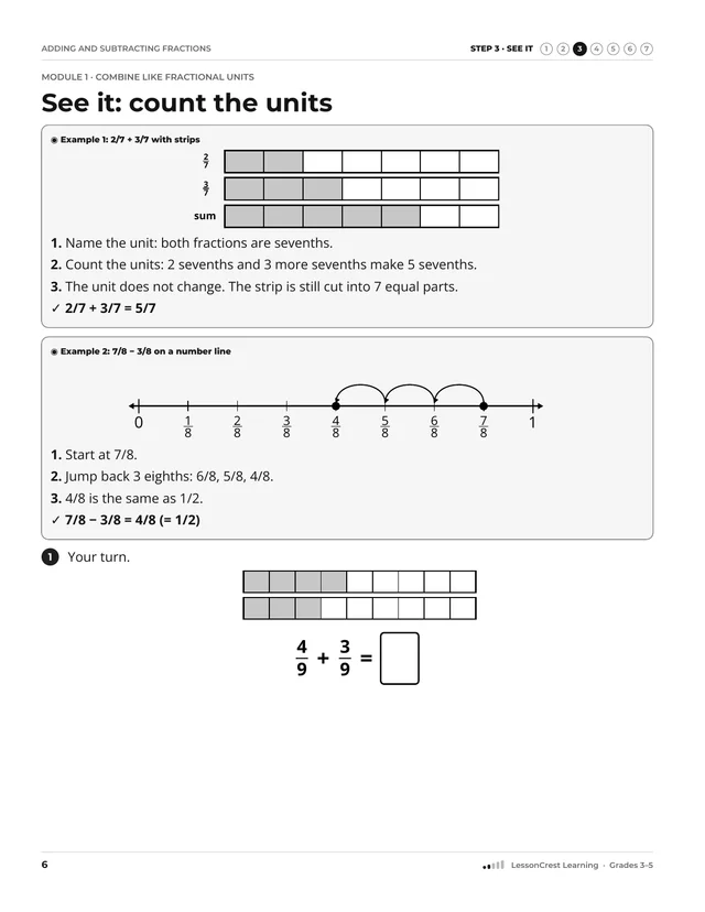 Page 6 of Adding and Subtracting Fractions. Step 3, See It: See it: count the units