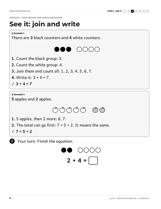 Page 6 of Addition within 20. Step 3, See It: See it: join and write