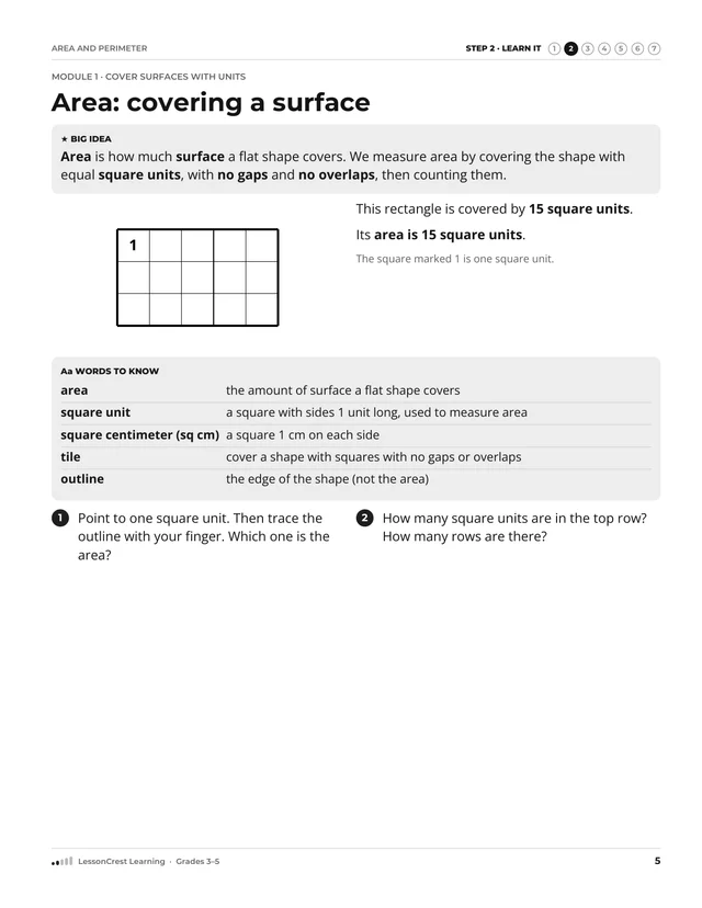 Page 5 of Area and Perimeter. Step 2, Learn It: Area: covering a surface