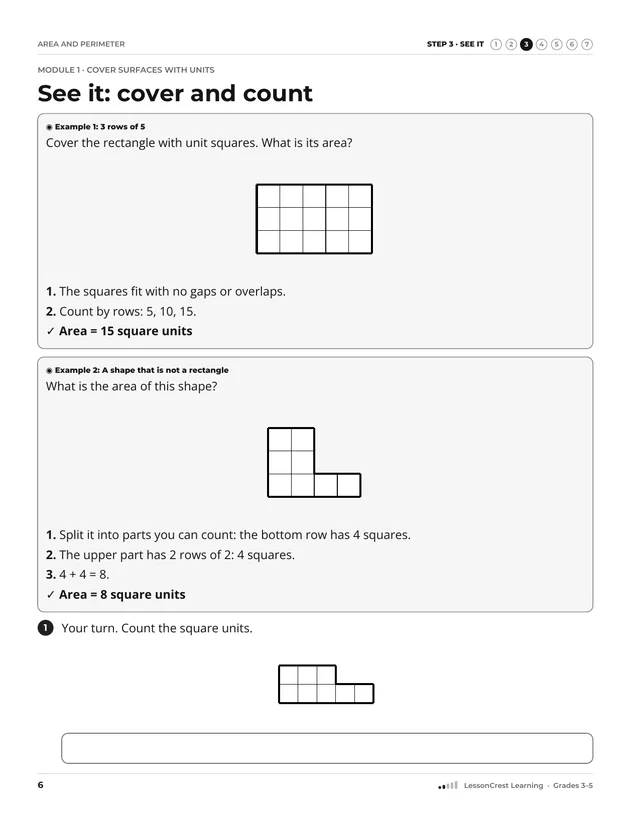 Page 6 of Area and Perimeter. Step 3, See It: See it: cover and count
