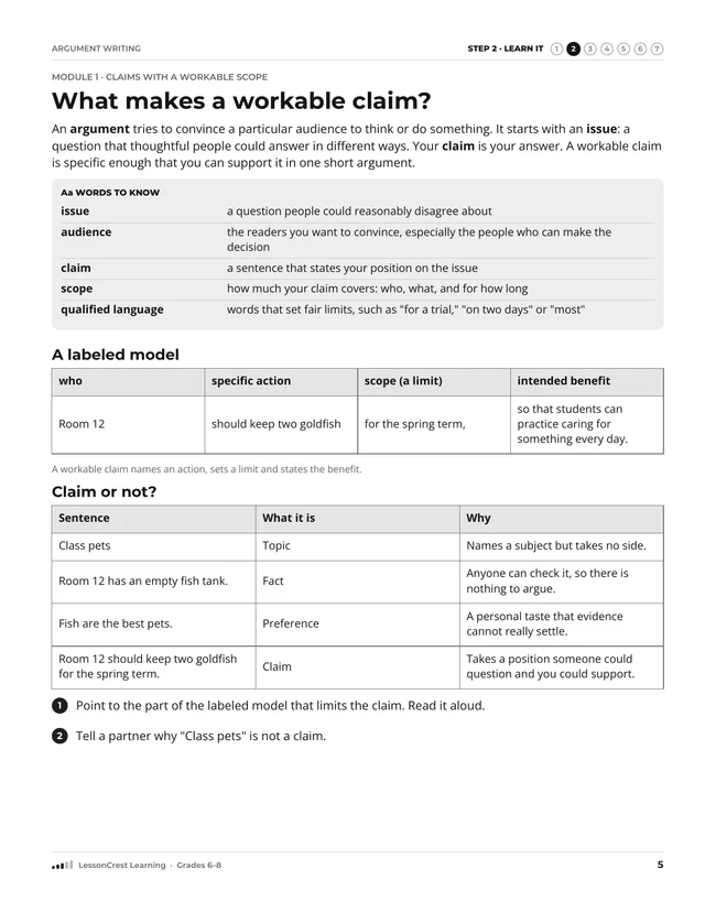 Page 5 of Argument Writing. Step 2, Learn It: What makes a workable claim?