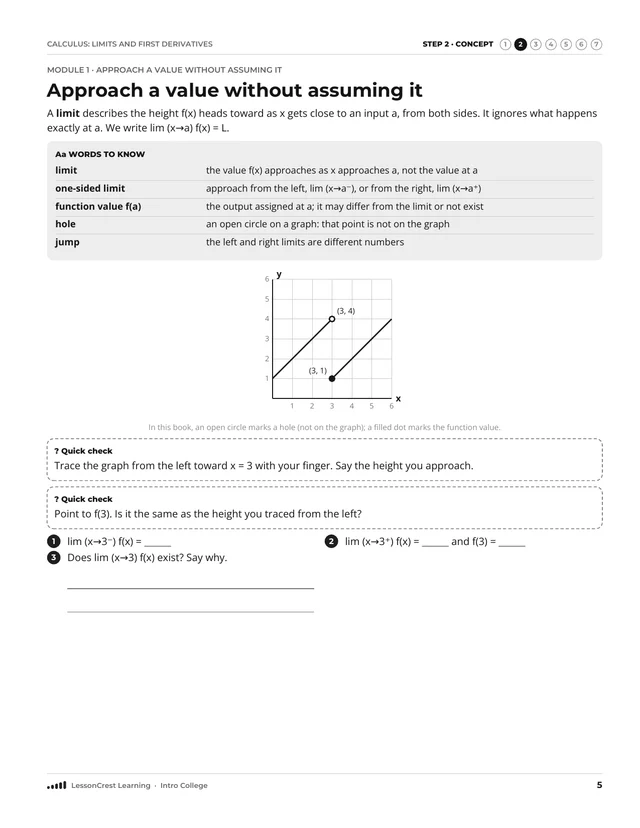 Page 5 of Calculus: Limits and First Derivatives. Step 2, Concept: Approach a value without assuming it