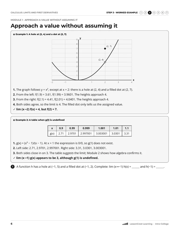 Page 6 of Calculus: Limits and First Derivatives. Step 3, Worked Example: Approach a value without assuming it
