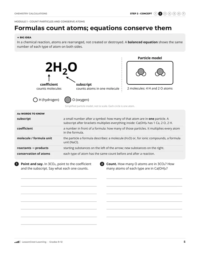 Page 5 of Chemistry Calculations. Step 2, Concept: Formulas count atoms; equations conserve them