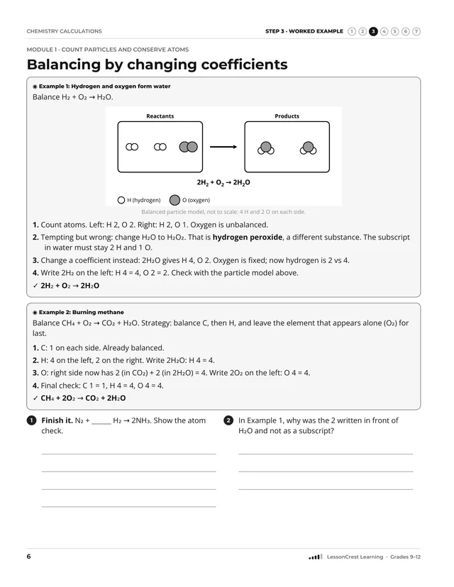 Page 6 of Chemistry Calculations. Step 3, Worked Example: Balancing by changing coefficients