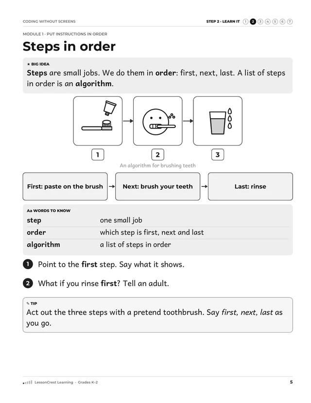 Page 5 of Coding without Screens. Step 2, Learn It: Steps in order