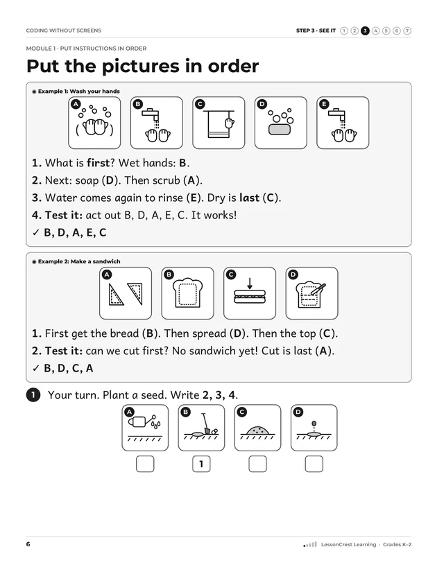 Page 6 of Coding without Screens. Step 3, See It: Put the pictures in order