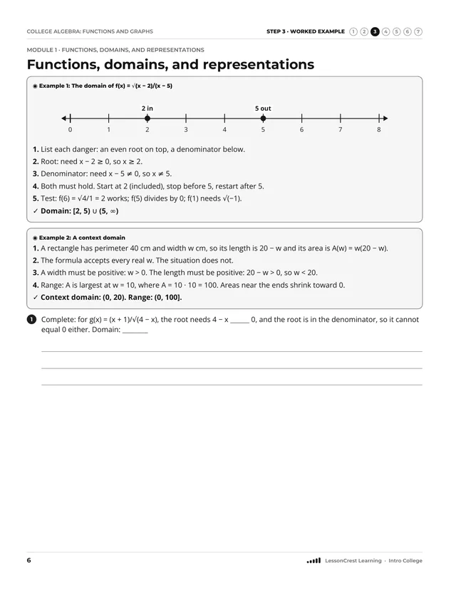 Page 6 of College Algebra: Functions and Graphs. Step 3, Worked Example: Functions, domains, and representations