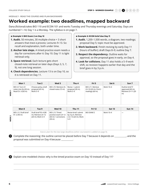 Page 6 of College Study Skills. Step 3, Worked Example: Worked example: two deadlines, mapped backward