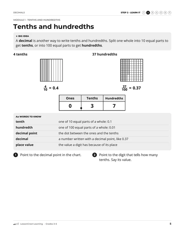 Page 5 of Decimals. Step 2, Learn It: Tenths and hundredths