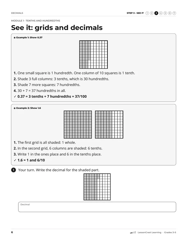 Page 6 of Decimals. Step 3, See It: See it: grids and decimals
