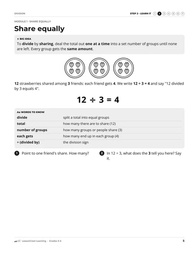 Page 5 of Division. Step 2, Learn It: Share equally