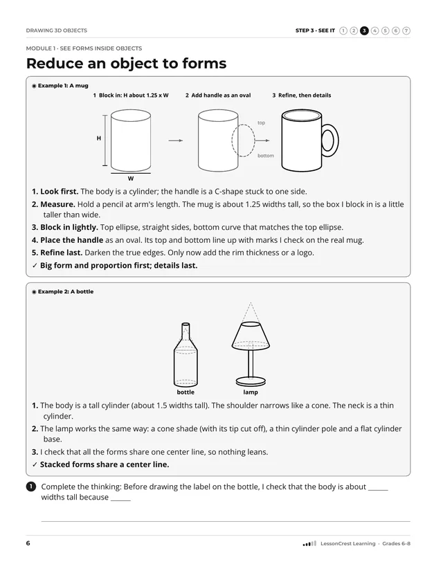 Page 6 of Drawing 3D Objects. Step 3, See It: Reduce an object to forms