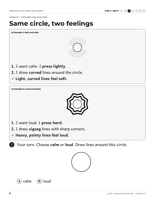 Page 6 of Drawing with Lines and Shapes. Step 3, See It: Same circle, two feelings