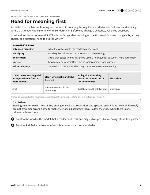 Page 5 of Editing for Clarity. Step 2, Concept: Read for meaning first