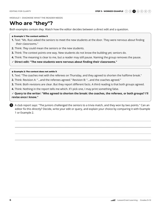 Page 6 of Editing for Clarity. Step 3, Worked Example: Who are "they"?