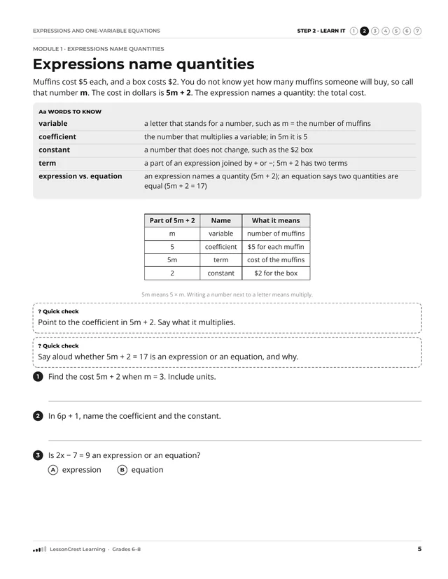 Page 5 of Expressions and One-Variable Equations. Step 2, Learn It: Expressions name quantities