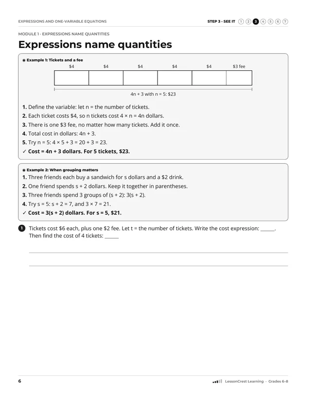 Page 6 of Expressions and One-Variable Equations. Step 3, See It: Expressions name quantities