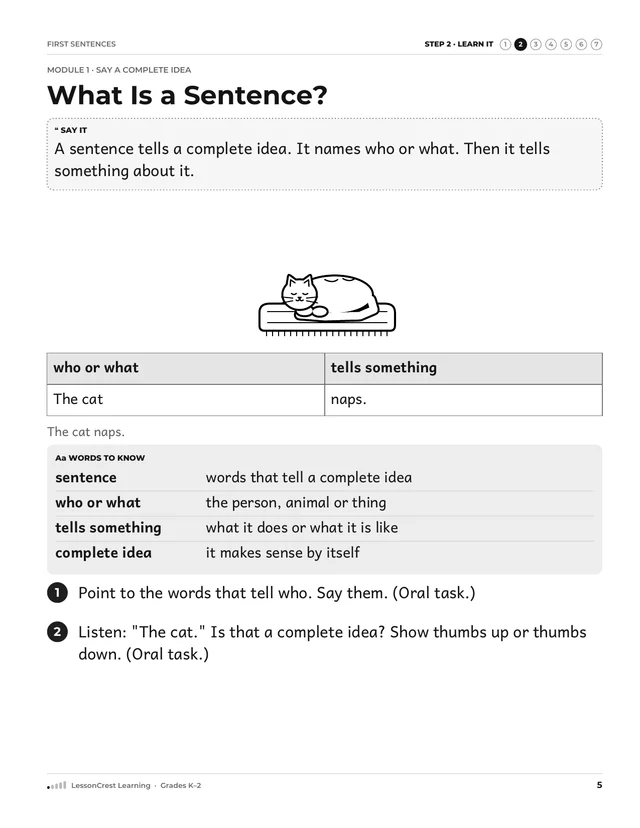 Page 5 of First Sentences. Step 2, Learn It: What Is a Sentence?