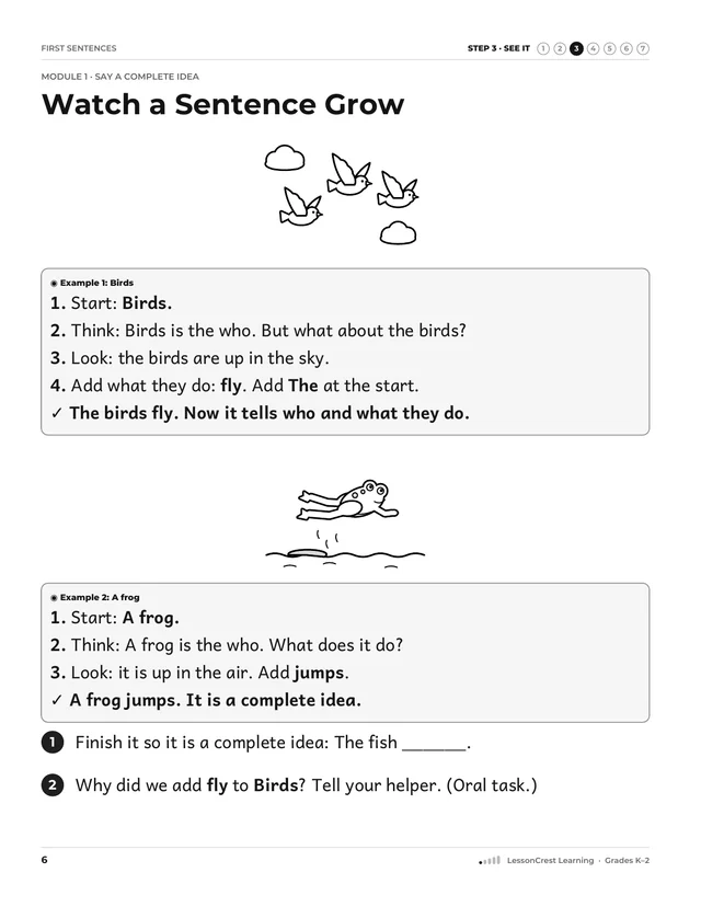 Page 6 of First Sentences. Step 3, See It: Watch a Sentence Grow