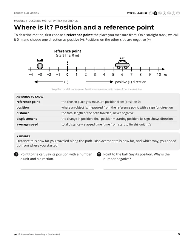 Page 5 of Forces and Motion. Step 2, Learn It: Where is it? Position and a reference point
