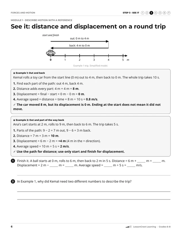Page 6 of Forces and Motion. Step 3, See It: See it: distance and displacement on a round trip