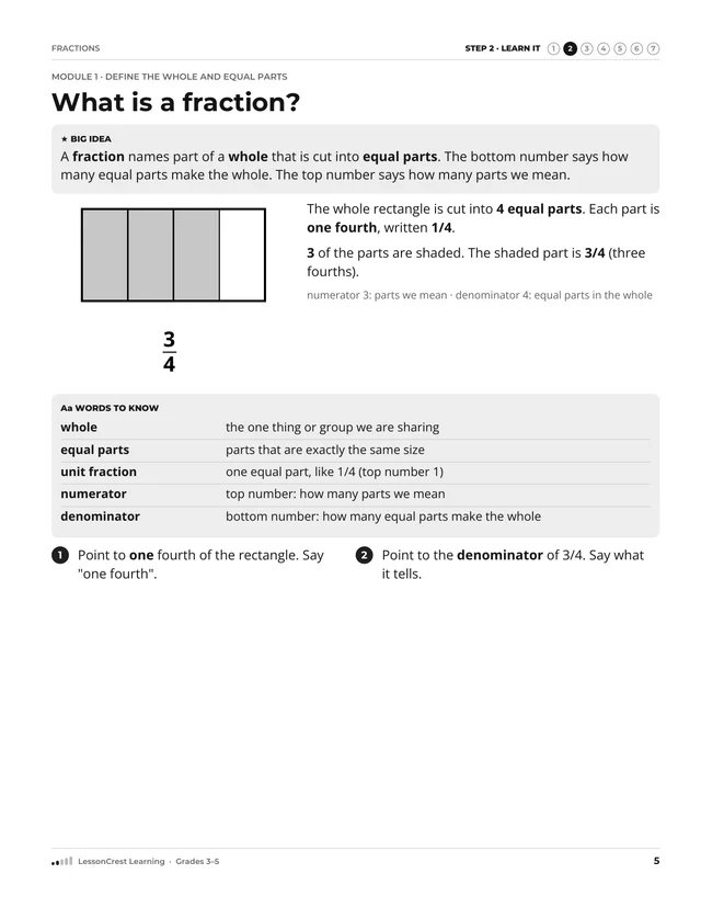 Page 5 of Fractions. Step 2, Learn It: What is a fraction?