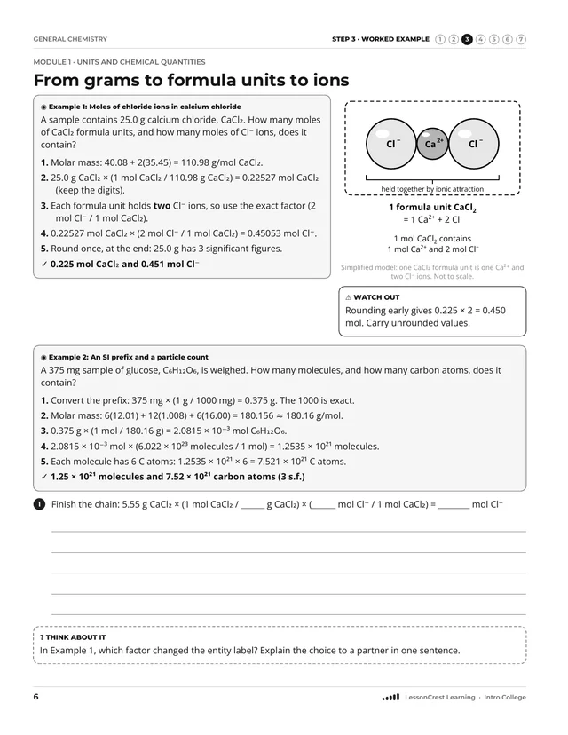 Page 6 of General Chemistry. Step 3, Worked Example: From grams to formula units to ions