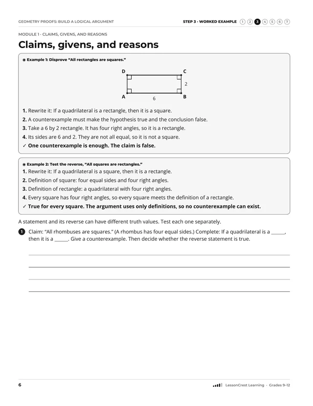 Page 6 of Geometry Proofs: Build a Logical Argument. Step 3, Worked Example: Claims, givens, and reasons