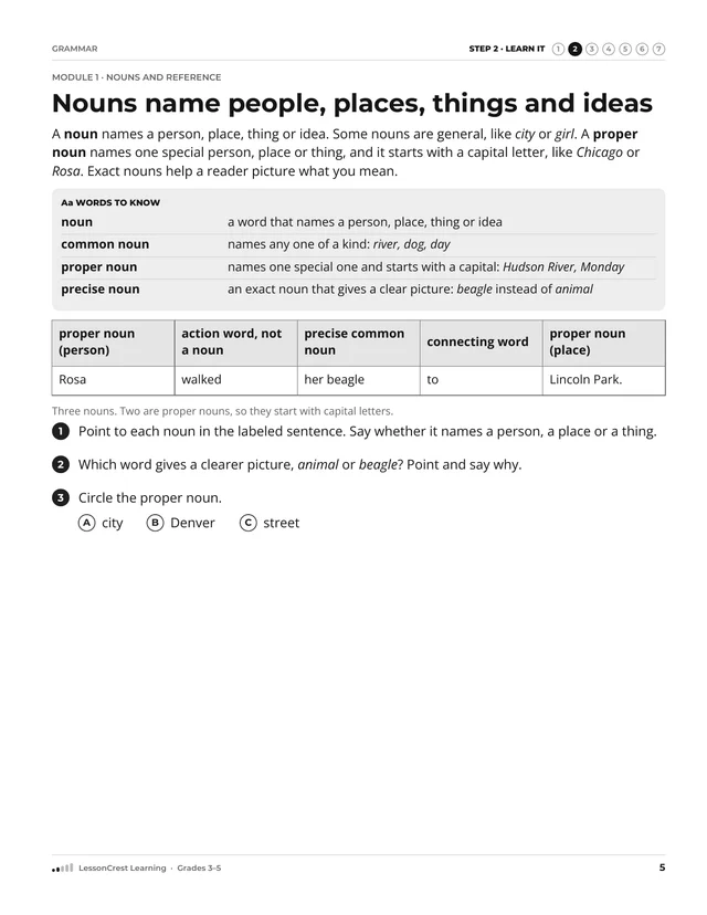 Page 5 of Grammar. Step 2, Learn It: Nouns name people, places, things and ideas