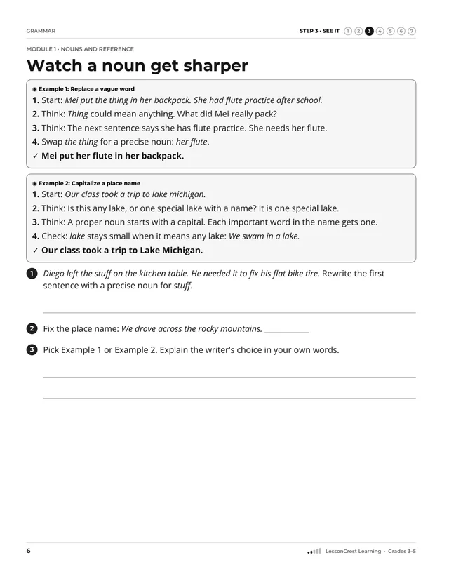 Page 6 of Grammar. Step 3, See It: Watch a noun get sharper