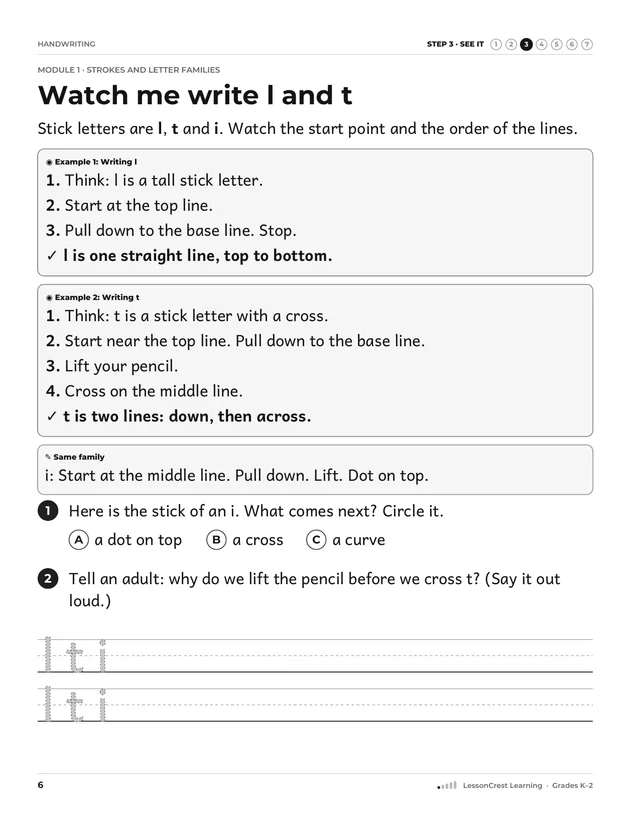 Page 6 of Handwriting. Step 3, See It: Watch me write l and t