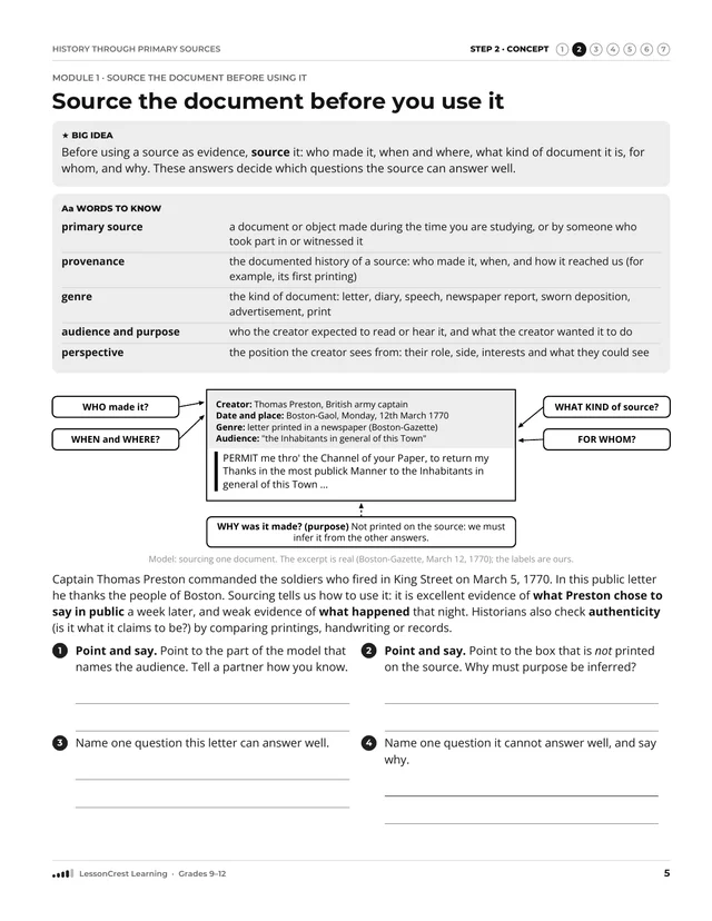 Page 5 of History through Primary Sources. Step 2, Concept: Source the document before you use it