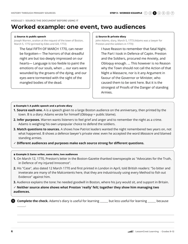 Page 6 of History through Primary Sources. Step 3, Worked Example: Worked example: one event, two audiences
