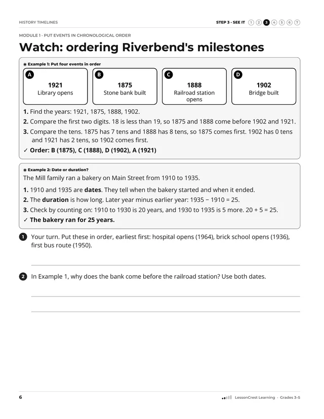 Page 6 of History Timelines. Step 3, See It: Watch: ordering Riverbend's milestones