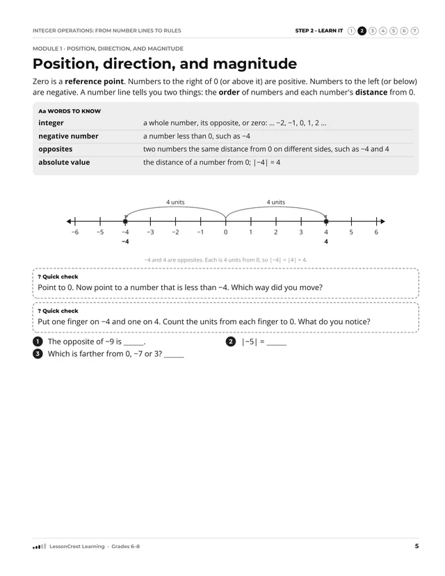 Page 5 of Integer Operations: From Number Lines to Rules. Step 2, Learn It: Position, direction, and magnitude