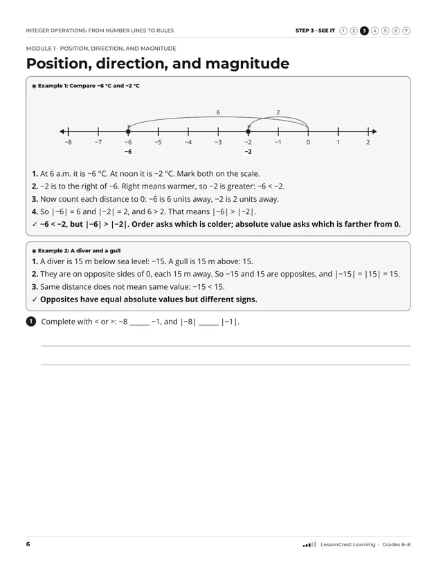 Page 6 of Integer Operations: From Number Lines to Rules. Step 3, See It: Position, direction, and magnitude