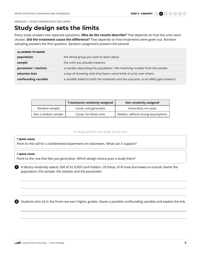 Page 5 of Intro Statistics: Sampling and Inference. Step 2, Concept: Study design sets the limits