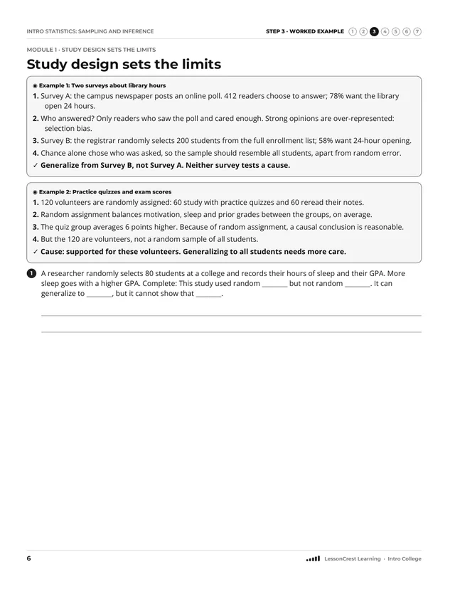Page 6 of Intro Statistics: Sampling and Inference. Step 3, Worked Example: Study design sets the limits