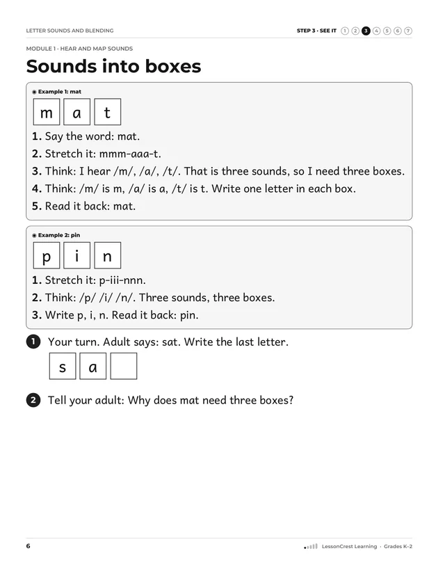 Page 6 of Letter Sounds and Blending. Step 3, See It: Sounds into boxes