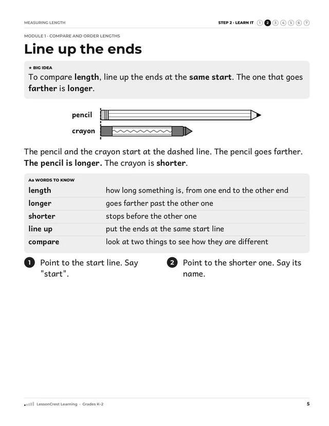 Page 5 of Measuring Length. Step 2, Learn It: Line up the ends