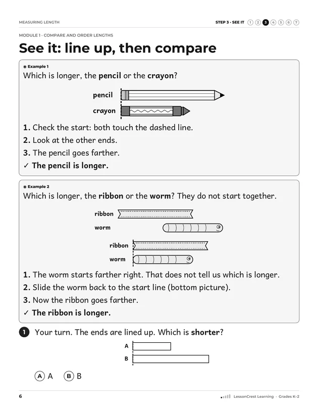 Page 6 of Measuring Length. Step 3, See It: See it: line up, then compare