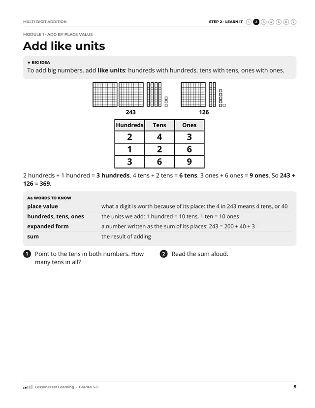 Page 5 of Multi-Digit Addition. Step 2, Learn It: Add like units