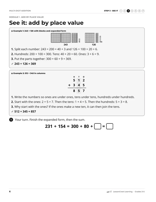 Page 6 of Multi-Digit Addition. Step 3, See It: See it: add by place value