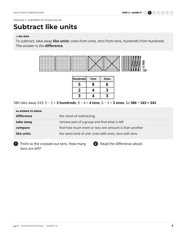 Page 5 of Multi-Digit Subtraction. Step 2, Learn It: Subtract like units