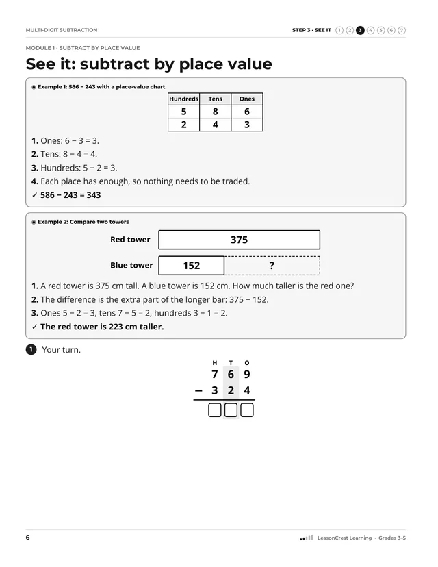 Page 6 of Multi-Digit Subtraction. Step 3, See It: See it: subtract by place value
