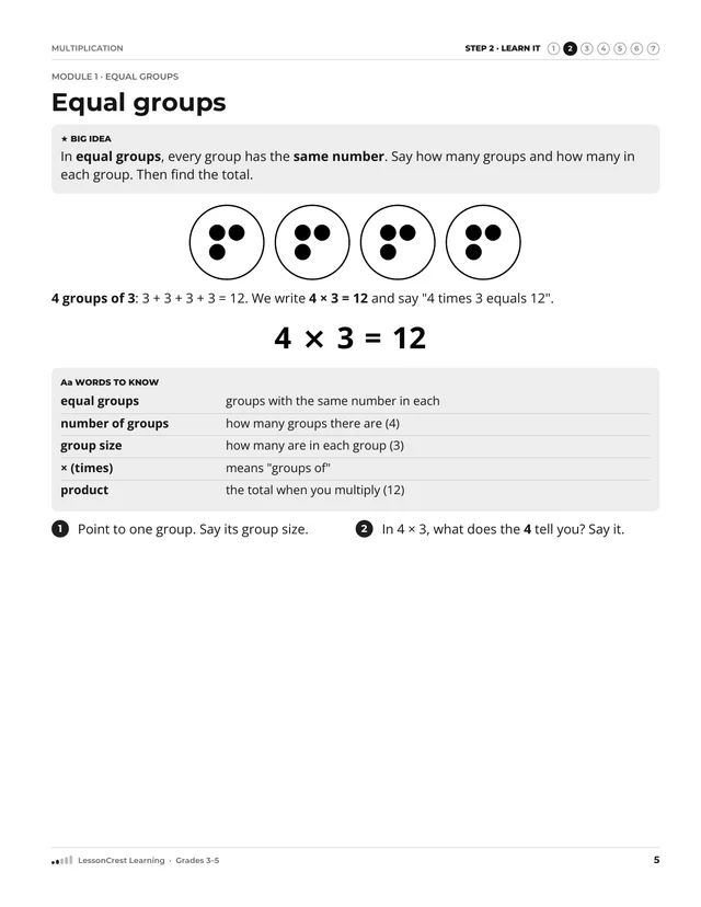 Page 5 of Multiplication. Step 2, Learn It: Equal groups