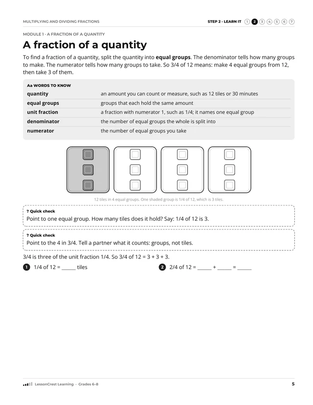 Page 5 of Multiplying and Dividing Fractions. Step 2, Learn It: A fraction of a quantity