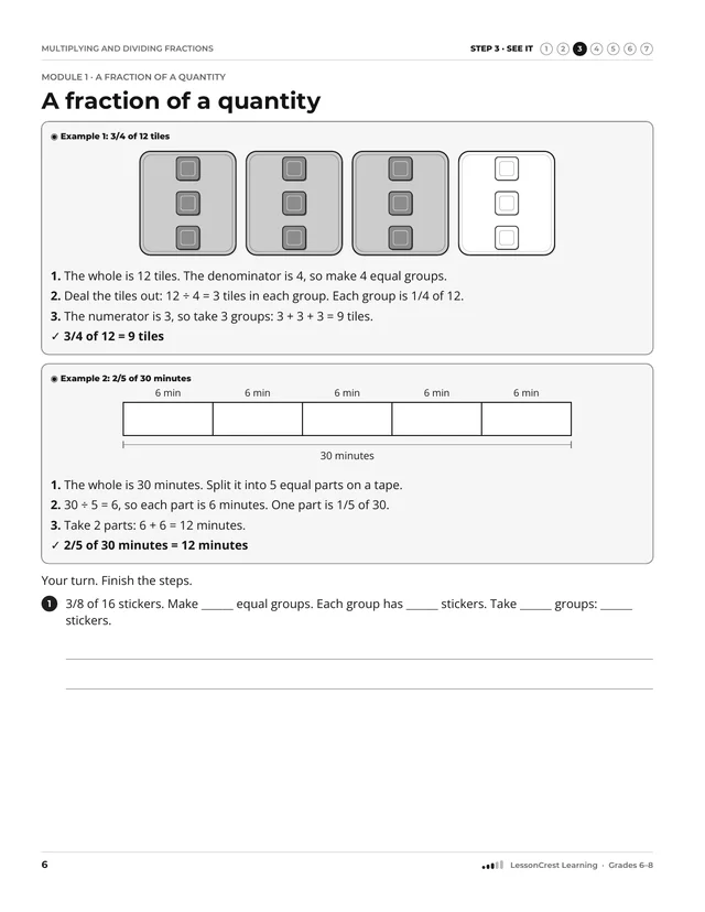 Page 6 of Multiplying and Dividing Fractions. Step 3, See It: A fraction of a quantity
